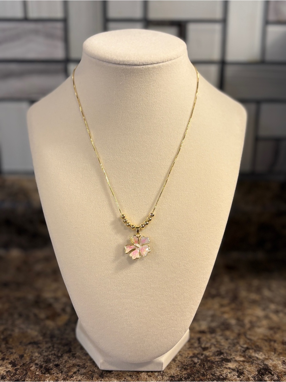 Gold-Plated Pink Flower Pendant Necklace - Women's Jewelry laminated gold